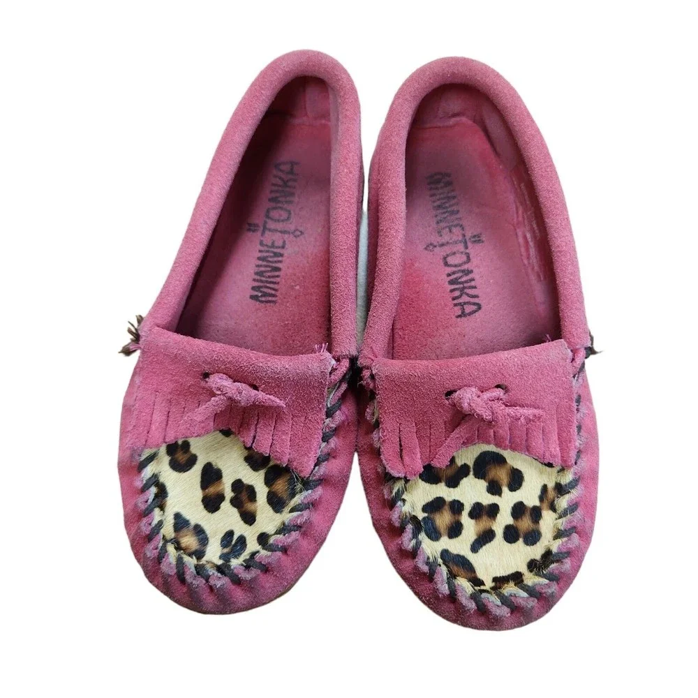Minnetonka Moccasins Pink Leopard Print Shoes Leather Suede Kids Size 10 Girls